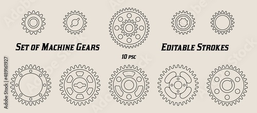 Set of machine gears with editable strokes. Simple shapes in line art style. Vector.