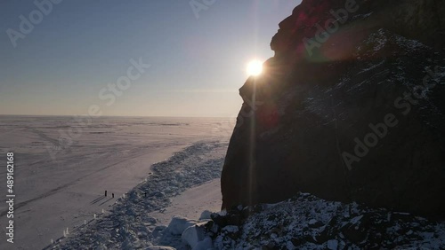 Cape Khoboy on Olkhon Island in Baikal drone flight over a rocky cape