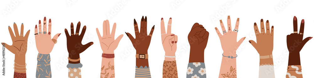 Women hands different nationalities. International Women's Day, 8 March greeting card, banner. Set of hands raised up. Group of diverse arms with rings, accessories, tattoo, manicure Women hands different nationalities. International Women's Day, 8 March greeting card, banner. Set of hands raised up. Group of diverse arms with rings, accessories, tattoo, manicure