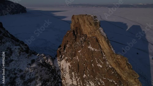 Cape Khoboy on Olkhon Island in Baikal drone flight over a rocky cape