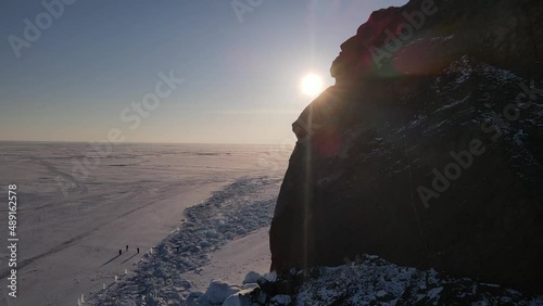 Cape Khoboy on Olkhon Island in Baikal drone flight over a rocky cape