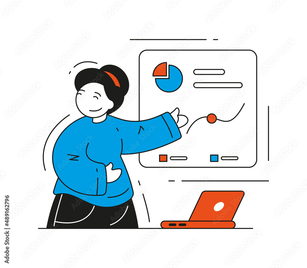 Happy business woman performing report presentation profit increase graph vector flat illustration. Female employee analyzing successful strategy development diagram data explaining with laptop