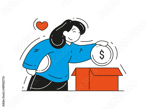 Happy woman putting donation coin into cardboard box vector flat illustration. Concept of help, social care, volunteering, financial support for poor people. Female giving money to charity isolated