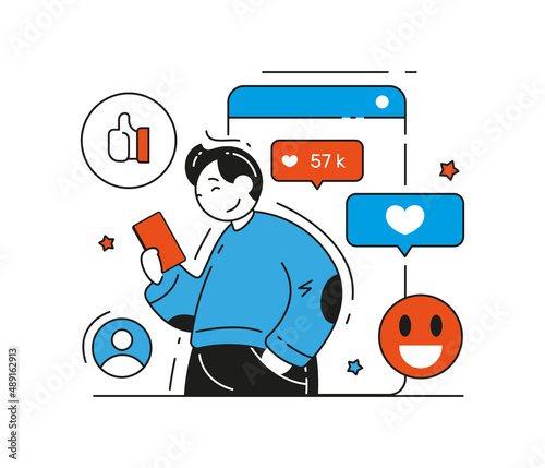 Happy male holding smartphone with viral entertainment media content vector flat illustration. Man social networks user watching video, photo, listening audio popular cyberspace information isolated