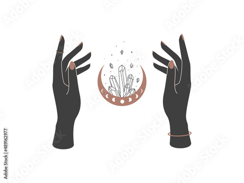 Magic hands with crescent moon with healing crystal in trendy boho style. Alchemy luna symbol for branding or logo for cosmetics or beauty products. Celestiasl and mystical Vector illustration