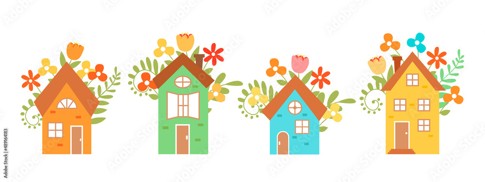 Set of cute houses isolated on white background.  Hand-drawn houses surrounded by flowers. illustration for design postcards. 