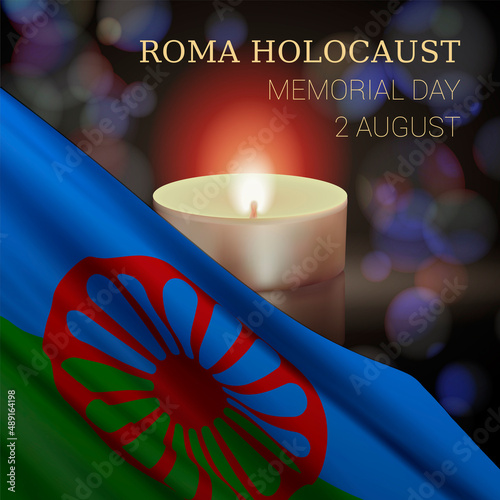 Roma Holocaust Memorial Day, August 2. Vector banner design template with a realistic Romani flag, candle, and text on dark background.