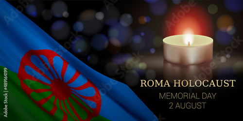 Roma Holocaust Memorial Day, August 2. Vector banner design template with a realistic Romani flag, candle, and text on dark background.