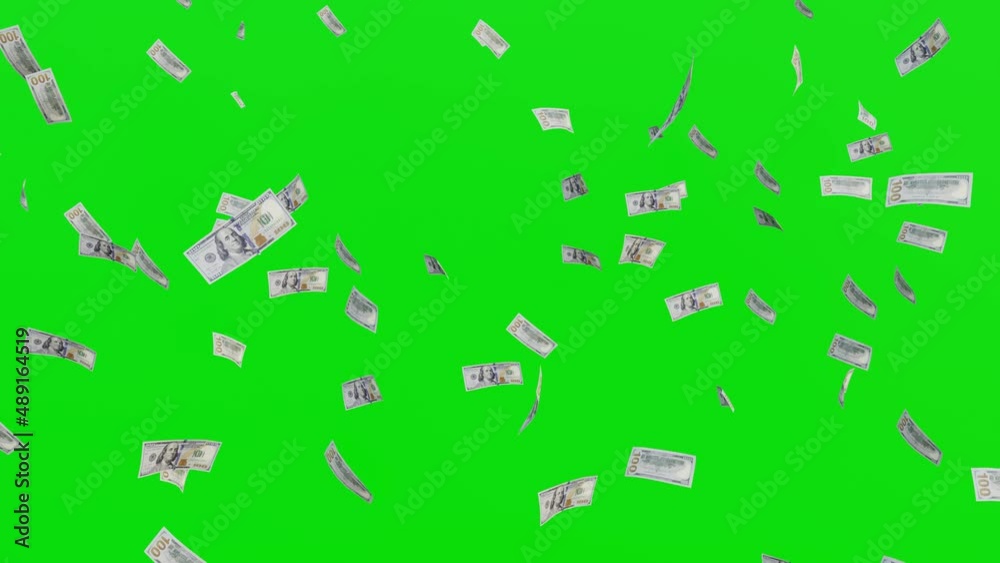 Heavy rain of one hundred dollar bills falling on green screen. Money curtain background. Money falling from sky concept. 3D Chroma Key animation Heavy rain of one hundred dollar bills falling on green screen. Money curtain background. Money falling from sky concept. 3D Chroma Key animation
