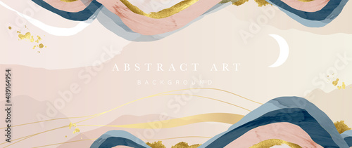 Elegant abstract mountain background. Watercolor wallpaper with gold wavy lines, hill, moon and blue color. Luxury in rose gold tone design for banner, covers, wall art, home decor and invitation.