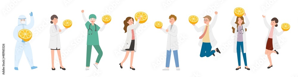 Paramedic man or woman doctor or laboratory staff composition, medical specialist with oranges, doctor team concept, medical office or laboratory, cartoon vector