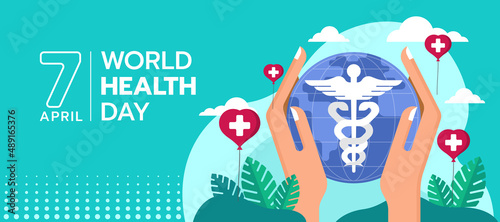 world health day - hands holding Caduceus Healthcare Medical Symbol on circle globle world and red heart balloons vector design