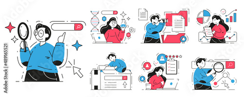 Collection people making science research, browsing information, searching data use internet vector flat illustration. Set of modern man and woman analyzing efficiency, chemical experiments, HR