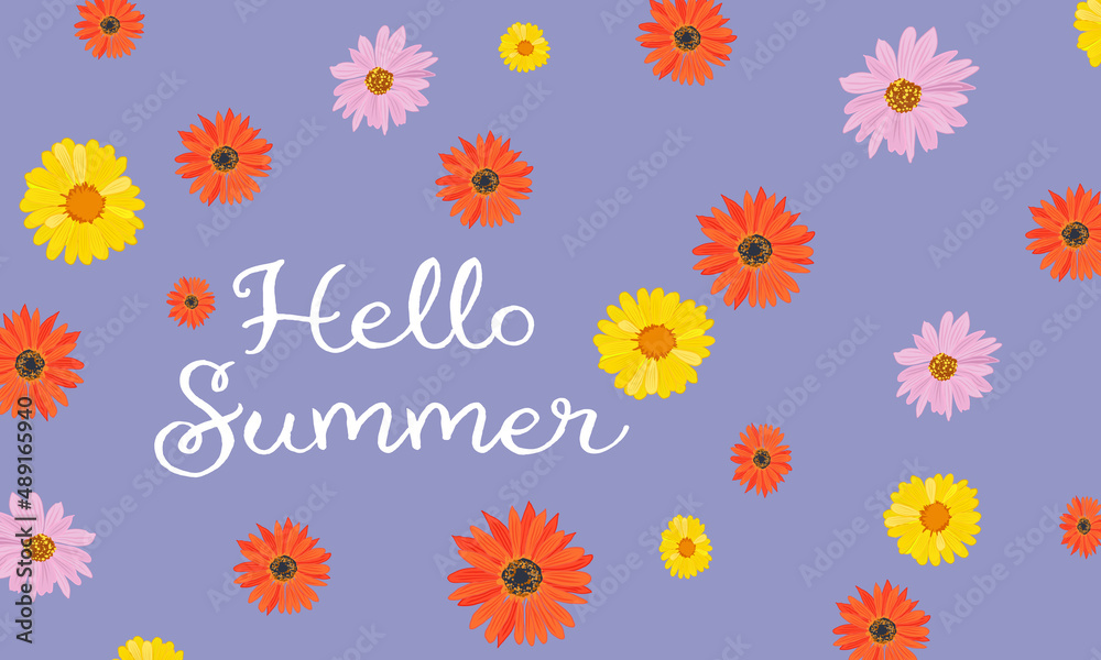 Hello summer concept. Background of colorful flowers. Purple background. Place for text.