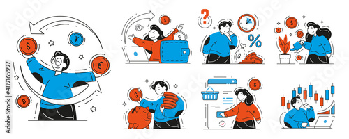 Collection business people and financial success vector flat illustration. Set of man and woman currency exchange, remotely job, making money, microloan, deposit savings, mobile payment isolated