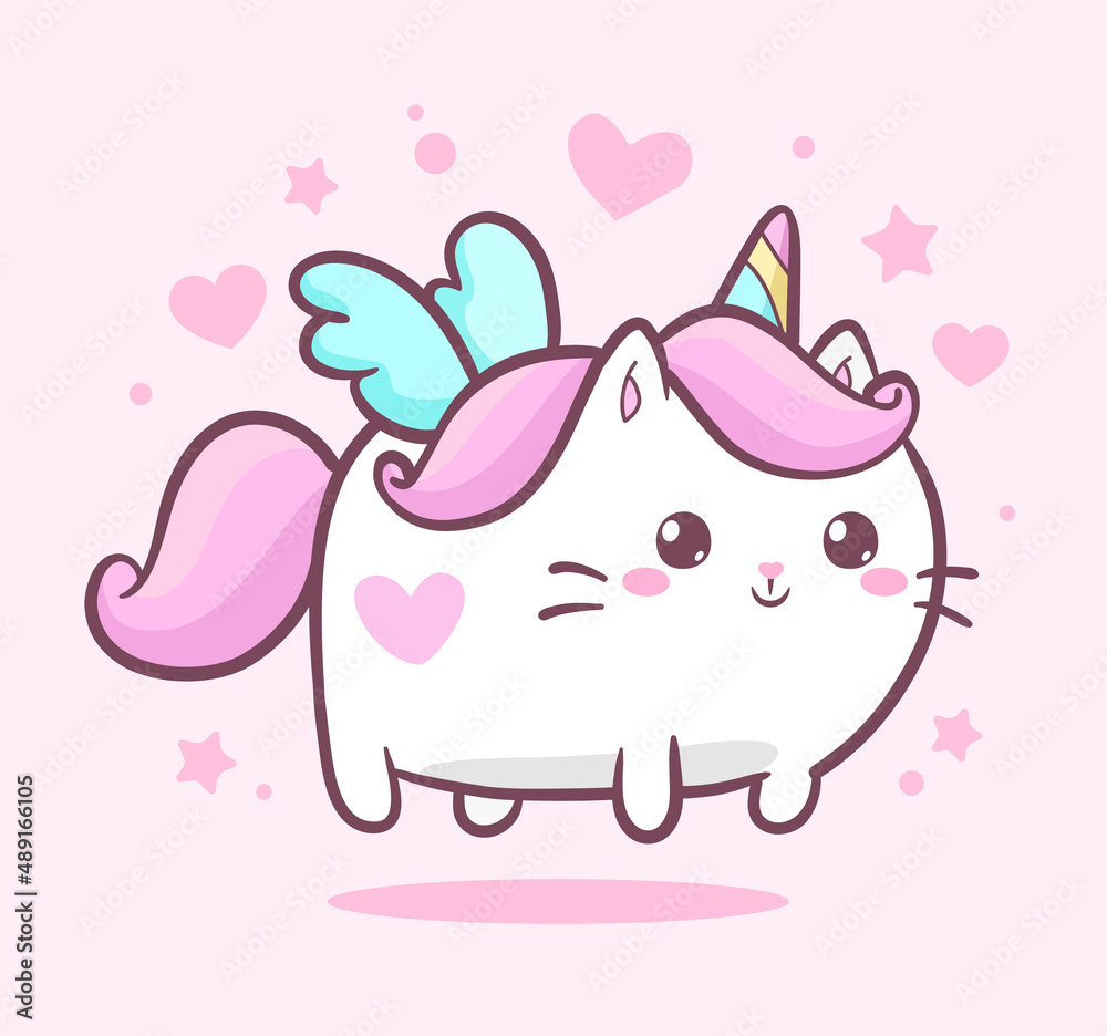 Cute Kawaii Cat unicorn or Kitten Caticorn isolated vector. Baby Cat