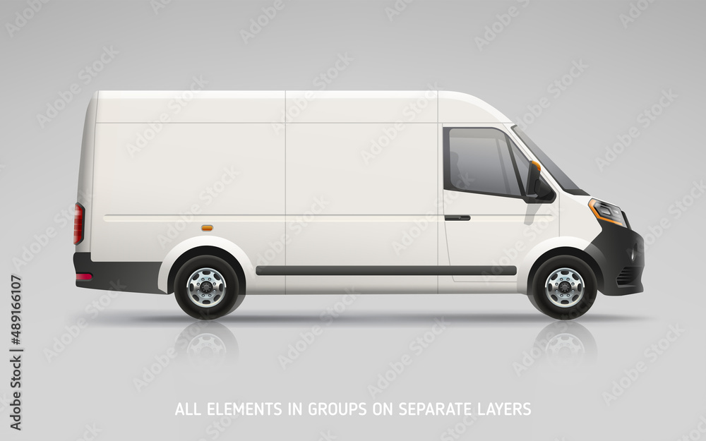 Realistic Delivery Van mockup on transparent layer for branding design and corporate identity company. Vector side view Company Freight Van. Corporate transport