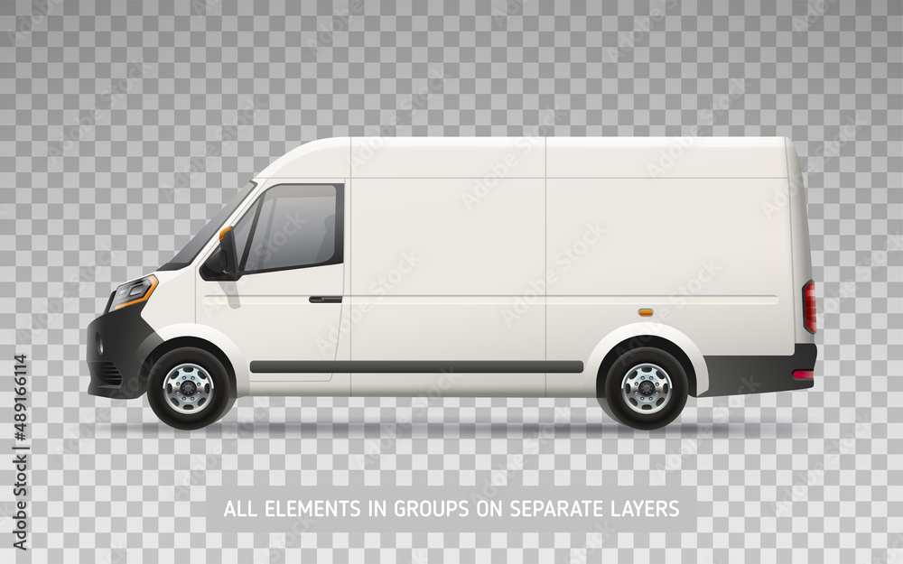 Realistic Delivery Van mockup on transparent layer for branding design and corporate identity company. Vector side view Company Freight Van. Corporate transport Realistic Delivery Van mockup on transparent layer for branding design and corporate identity company. Vector side view Company Freight Van. Corporate transport