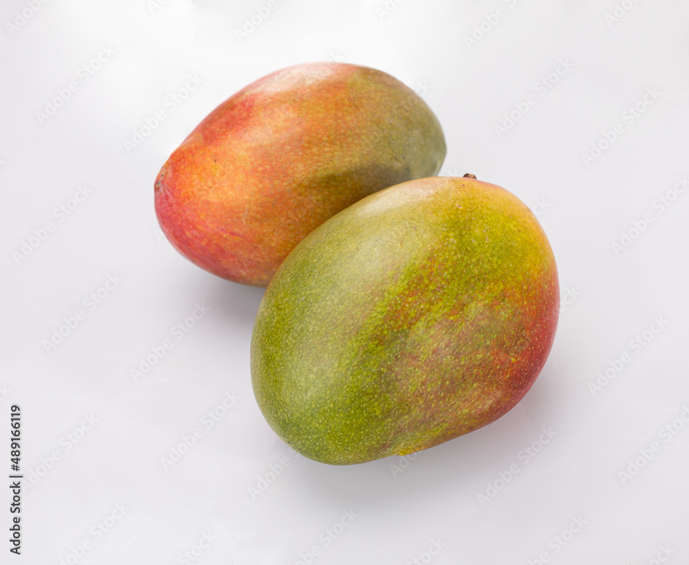 Two whole mango fruits, isolated. Ripe exotic fruits on a white background. Two whole mango fruits, isolated. Ripe exotic fruits on a white background.