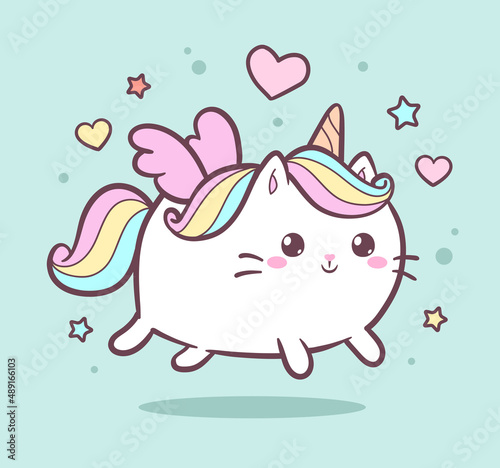 Cute Kawaii Cat unicorn or Kitten Caticorn - isolated vector. Baby Cat Unicorn cream pastel colors for kids design prints, posters, t-shirts, stickers, postcard. Funny Cartoon Cat with unicorn horn