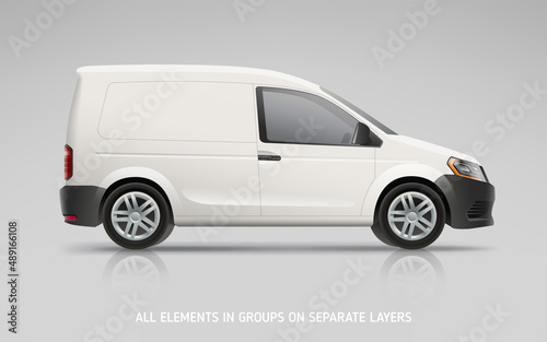 Realistic Van mockup for branding and corporate identity company. Vector mock-up of side view Company Van. Corporate transport
