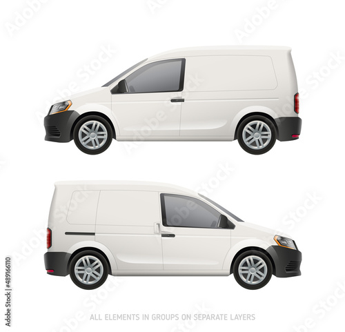 Realistic Freight Car Van mockup on white background. Vector side view Corporate Car or Van  for branding design and corporate identity company. Corporate transport mock-up