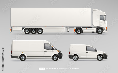 Realistic vector Van, Truck trailer, Delivery Car mockup set for branding design. Side view cars blank mockup template for corporate identity presentation