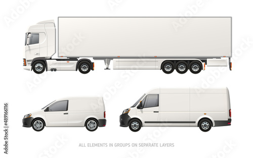 Realistic vector Van, Truck trailer, Delivery Car mockup set on white background  for branding design. Side view cars blank mockup template for corporate identity presentation