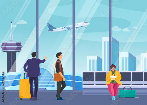 Passenger group people together waiting in airport terminal.