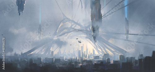 Panorama of a city colonized by aliens