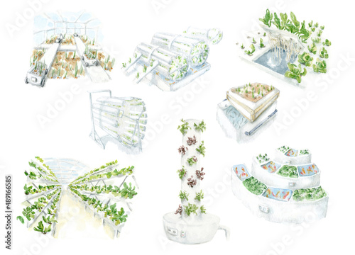 Innovative technologies for agriculture. Automation of farm with ai control. A set of watercolor illustrations of a smart control tech. Hydroponic isolated on white.