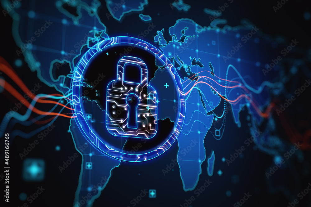 Creative glowing padlock map hologram on dark background. Safety and protection concept. 3D Rendering. - obrazy, fototapety, plakaty 