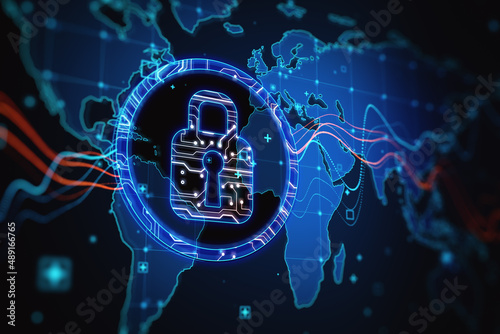 Creative glowing padlock map hologram on dark background. Safety and protection concept. 3D Rendering.