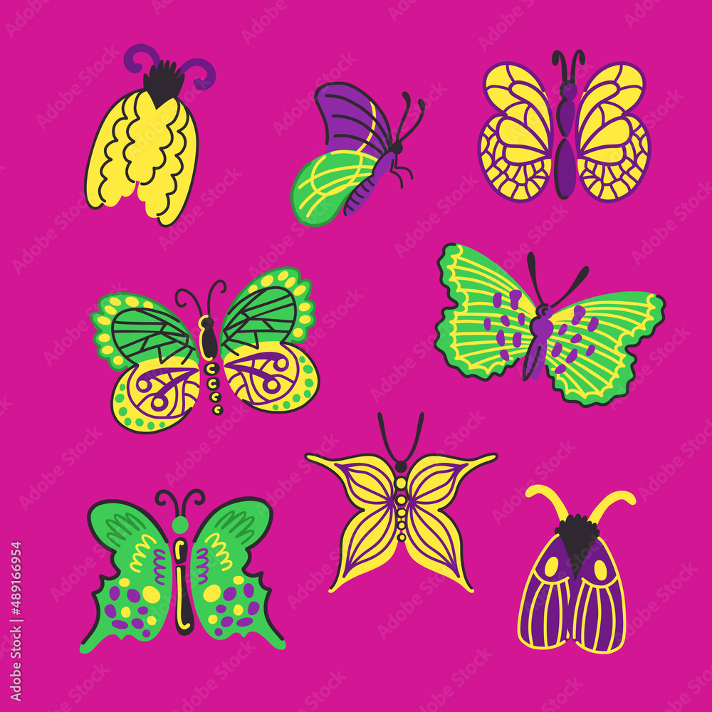 Collection of butterflies and moths of different species with different wing shapes Collection of butterflies and moths of different species with different wing shapes