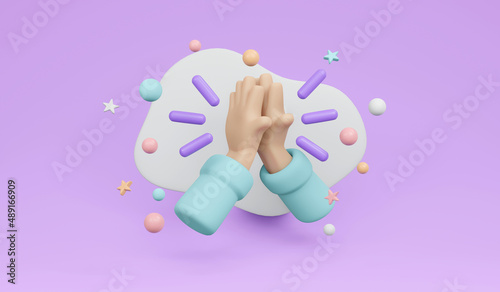 3D Rendering of bow hand sign (Wai in Thai) on purple background. 3D Render illustration cartoon style.