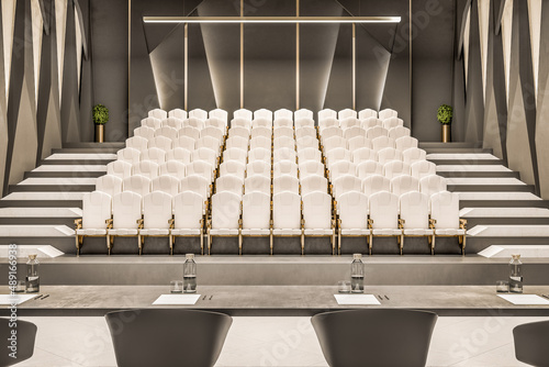Luxury concrete lecture hall auditorium interior with seats and other objects. Speech, workshop and graduation concept. 3D Rendering.