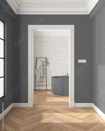 Interior design showcase  classic hallway with parquet and molded walls in white and gray tones  modern bathroom with arched brick walls and freestanding round bathtub and accessories