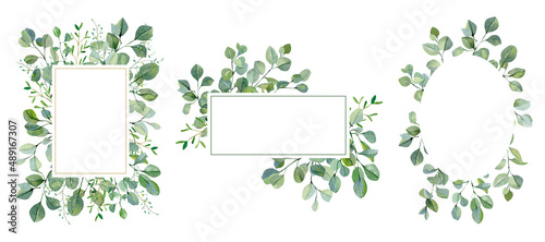 Watercolor frame of eucalyptus branches and leaves. Hand painted card set of silver dollar plants isolated on white background. Floral illustration for wedding invitation, baby shower, bride, print
