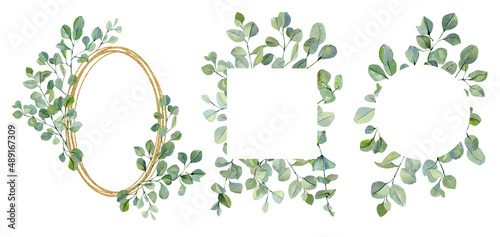 Watercolor frame of eucalyptus branches and leaves. Hand painted card set of silver dollar plants isolated on white background. Floral illustration for wedding invitation, baby shower, bride, print