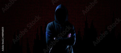 Hacker security cyber attack. Hacker man hand isolated on black. Blurred internet web hack technology with flare ray flash effect. Login and password, cybersecurity banner concept.
