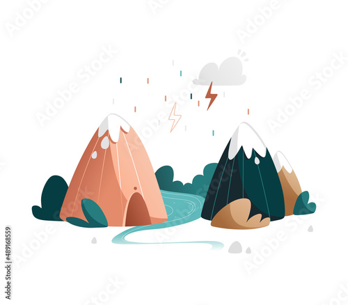 Vector mountain landscape with river  bushes  mountains  rain and thundercloud.