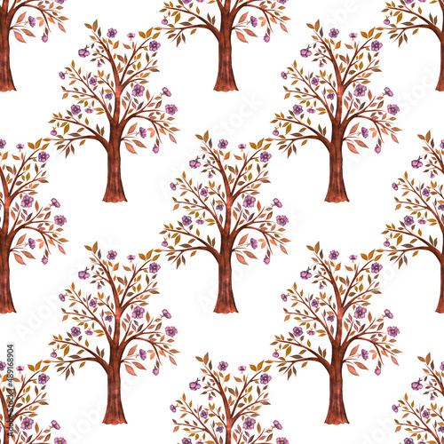 Watercolor seamless pattern with blooming spring trees. Hand drawn abstract landscape background. Beautiful spring print for any kind of a design.  © Natallia Novik