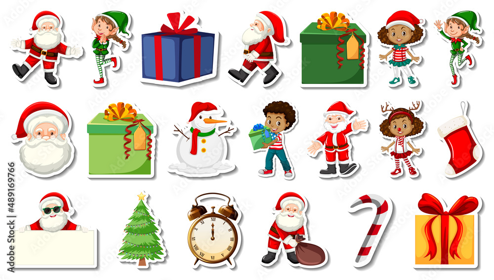 Fototapeta premium Set of Christmas objects and cartoon characters