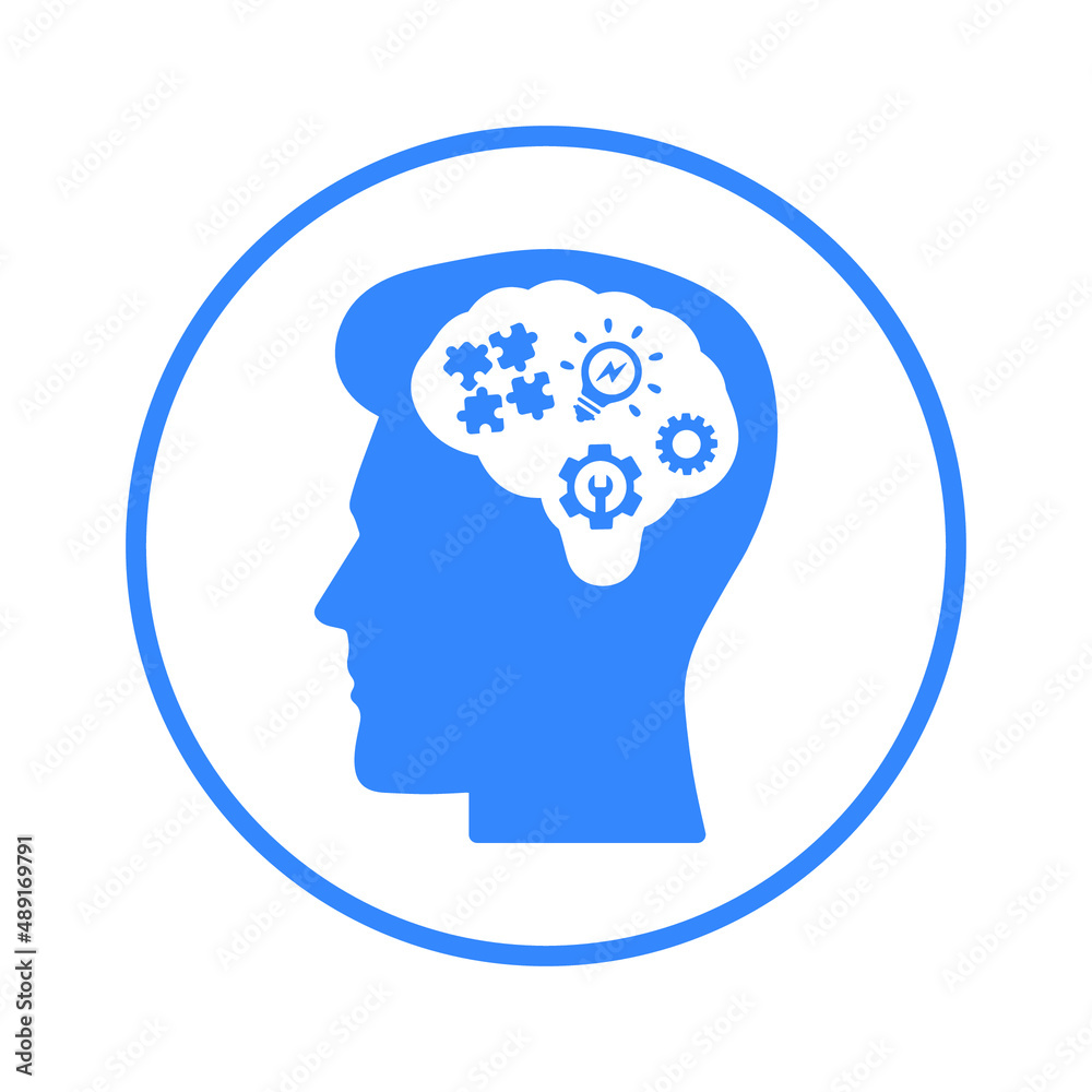 Mind, brainpower, head icon. Blue vector sketch. Mind, brainpower, head icon. Blue vector sketch.