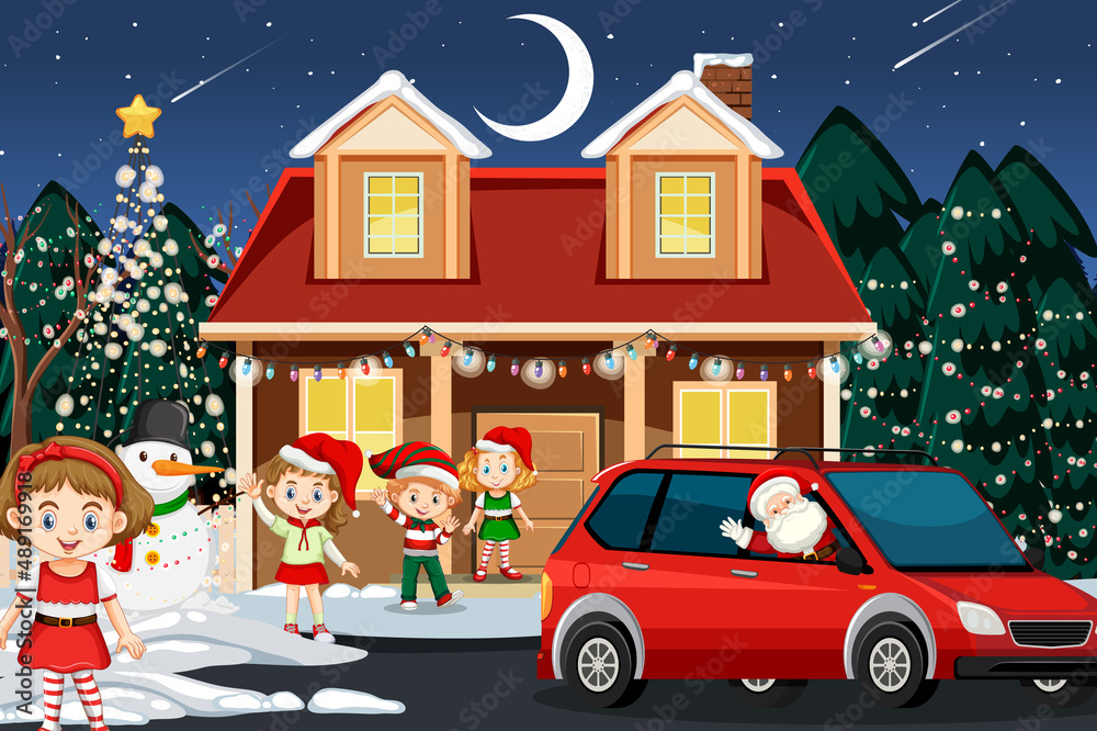 Christmas winter scene with children and Santa Claus