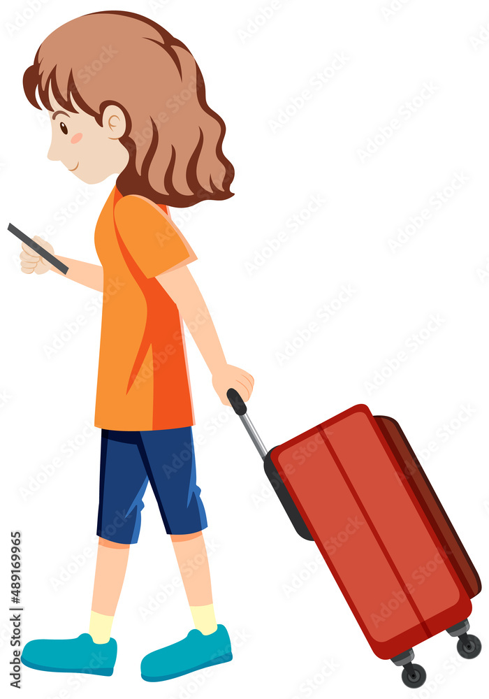 A woman dragging luggage on white background A woman dragging luggage on white background