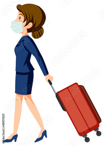 Side view of flight attendant dragging luggage