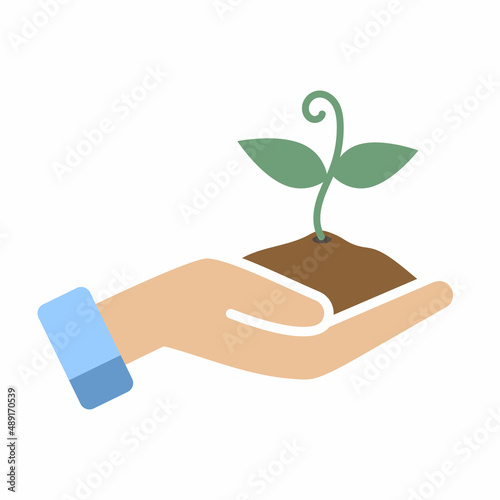 palm holding a handful of earth with a sprout vector illustration