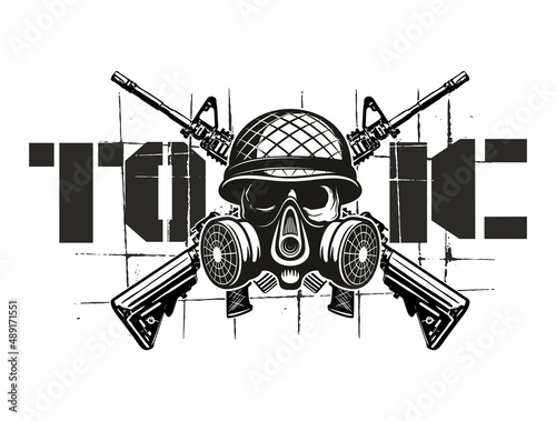 Vector human skull with the military helmet, gas mask and two crossed assault rifles, vector military logo isolated on white background.
