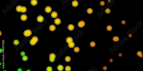 Dark green, yellow vector backdrop with virus symbols.